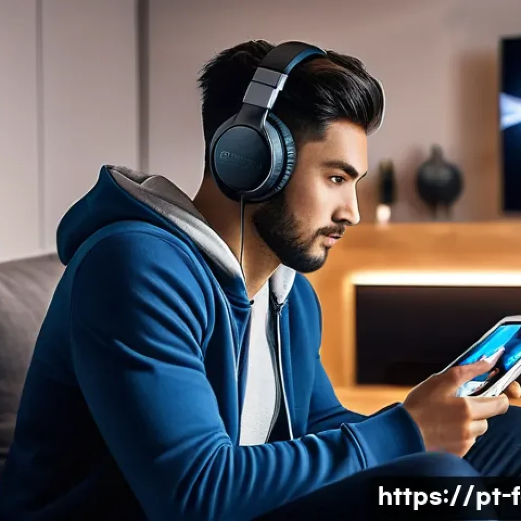 FC모바일 1 1 코칭 서비스 추천 - A focused young adult male gamer sitting comfortably in a modern, cozy living room, wearing casual c...