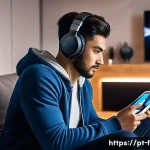 Home 19 FC모바일 1 1 코칭 서비스 추천 - A focused young adult male gamer sitting comfortably in a modern, cozy living room, wearing casual c...