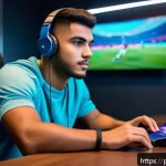 FC모바일 첫 플레이 세팅 방법 - A young male gamer with a focused expression, wearing casual gaming attire and comfortable wireless ...
