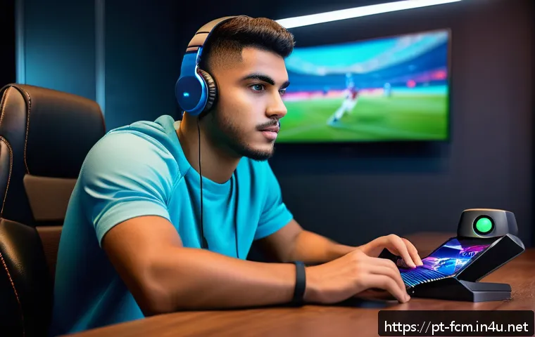 FC모바일 첫 플레이 세팅 방법 - A young male gamer with a focused expression, wearing casual gaming attire and comfortable wireless ...