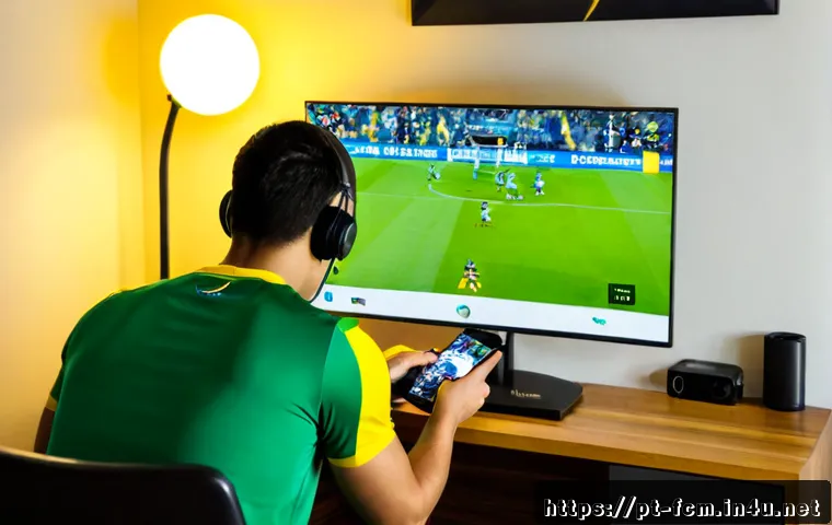 FC모바일 공격과 수비의 밸런스 유지하기 - Photorealistic esports gaming scene in a cozy Brazilian home office, focused young adult player cont...